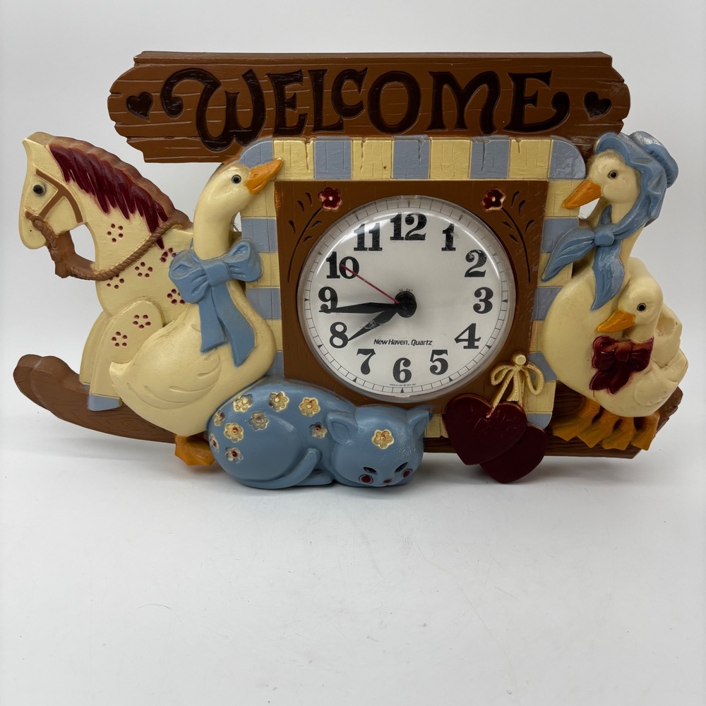 Vintage New Haven Burwood Products Welcome Wall Clock Country Geese Cat 1987